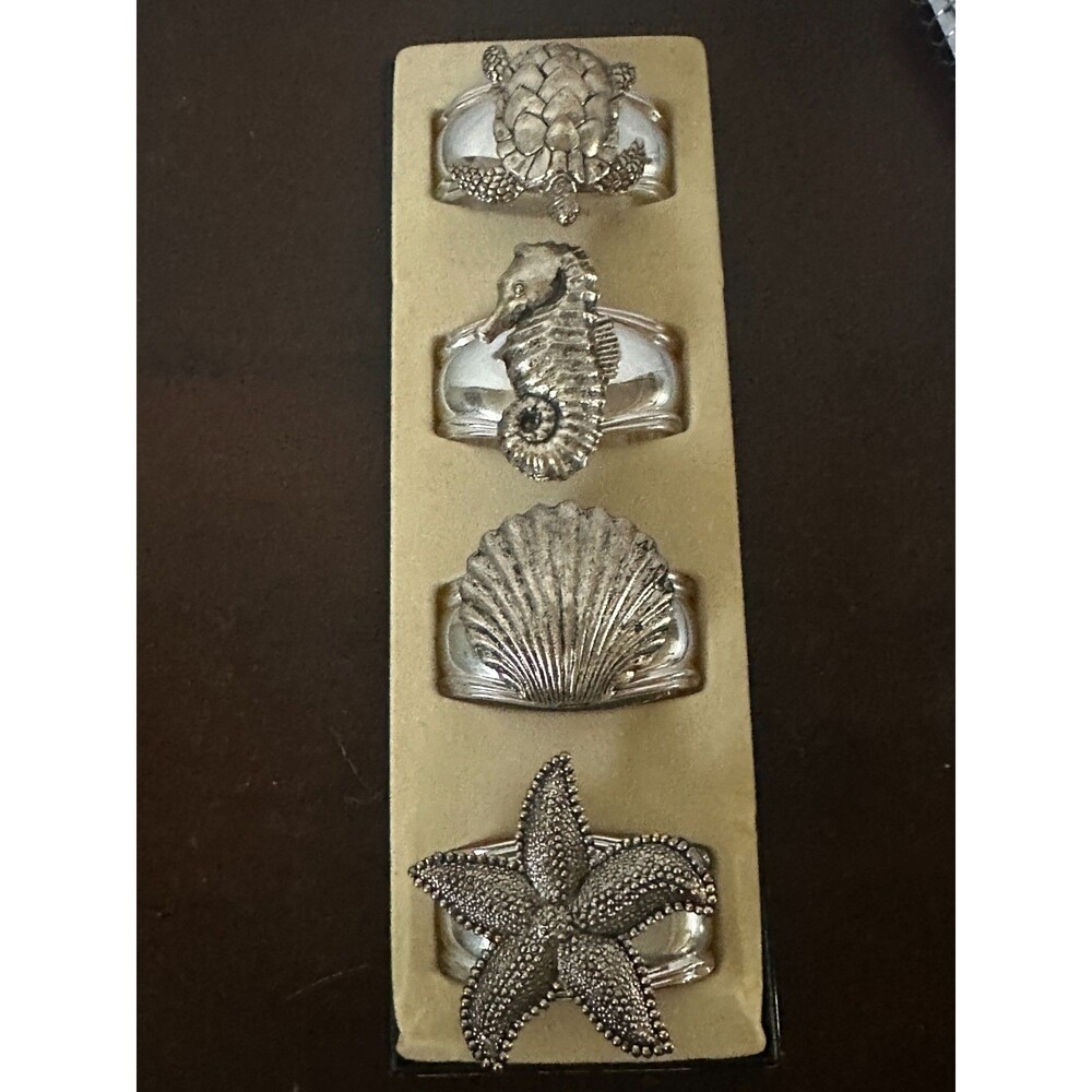 Hans Turnwald Silver Plated Turtle Seahorse Starfish Seashell Napkin Rings